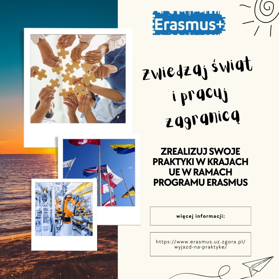 Plakat promujący program praktyk w Erasmusie